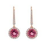 Pink Tourmaline Round and Diamond Halo Drop Earrings in 18ct Rose Gold