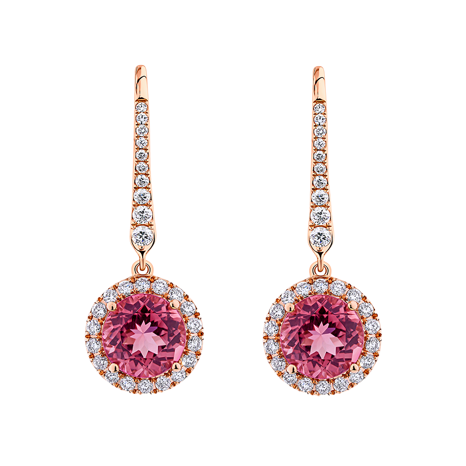 Pink Tourmaline Round and Diamond Halo Drop Earrings in 18ct Rose Gold