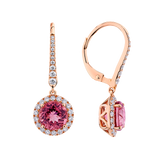 Pink Tourmaline Round and Diamond Halo Drop Earrings in 18ct Rose Gold