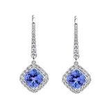 Tanzanite Cushion and Diamond Halo Drop Earrings in 18ct White Gold
