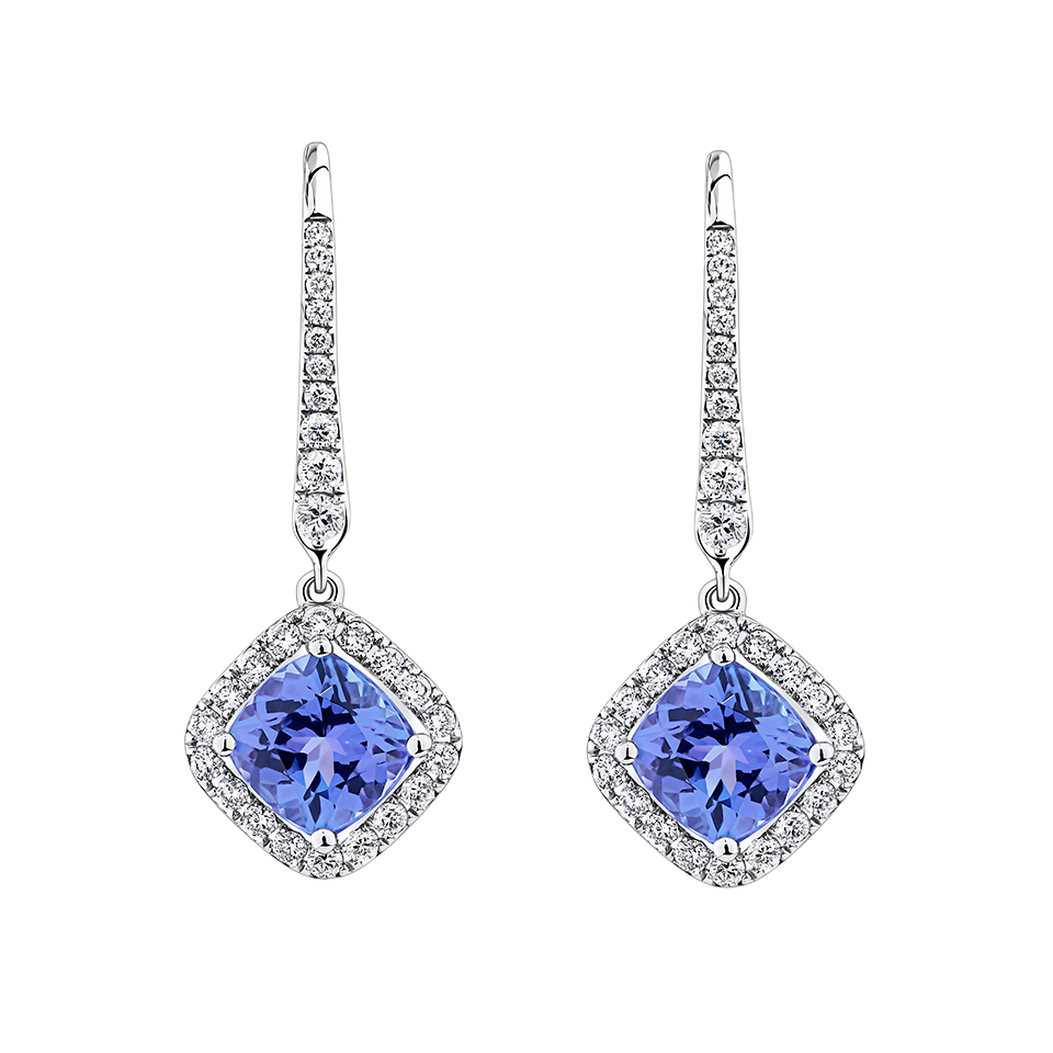 Tanzanite Cushion and Diamond Halo Drop Earrings in 18ct White Gold