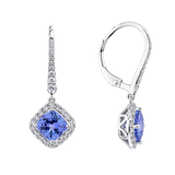 Tanzanite Cushion and Diamond Halo Drop Earrings in 18ct White Gold