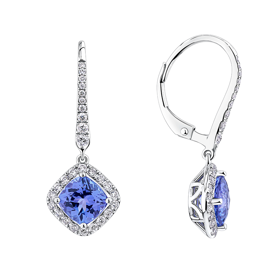 Tanzanite Cushion and Diamond Halo Drop Earrings in 18ct White Gold