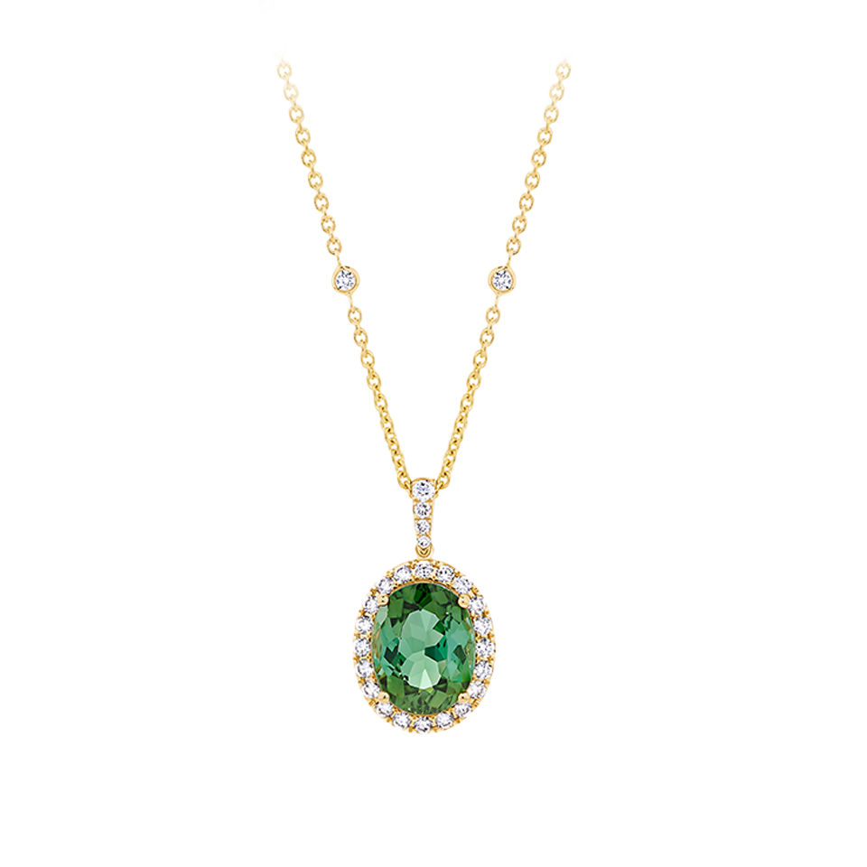 Green Tourmaline Oval and Diamond Halo Pendant in 18ct Yellow Gold