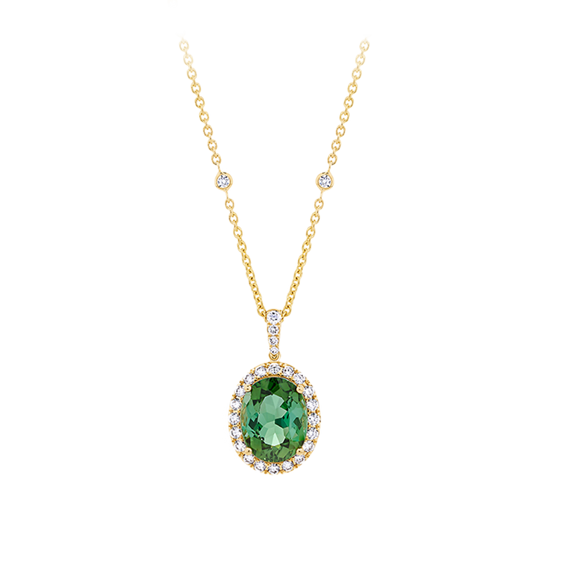 Green Tourmaline Oval and Diamond  Halo Pendant in 18ct Yellow Gold