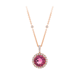 Pink Tourmaline Round and Diamond Halo Pendant in 18ct Rose Gold