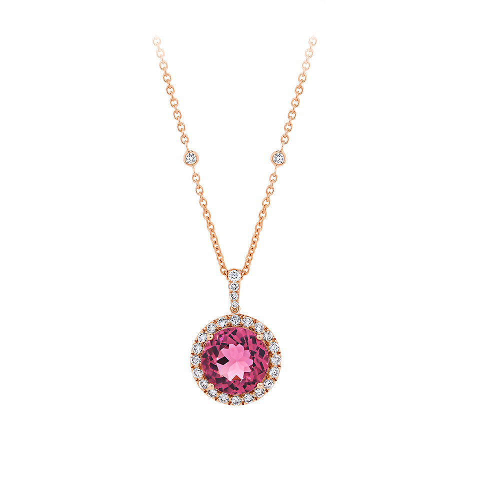 Pink Tourmaline Round and Diamond Halo Pendant in 18ct Rose Gold