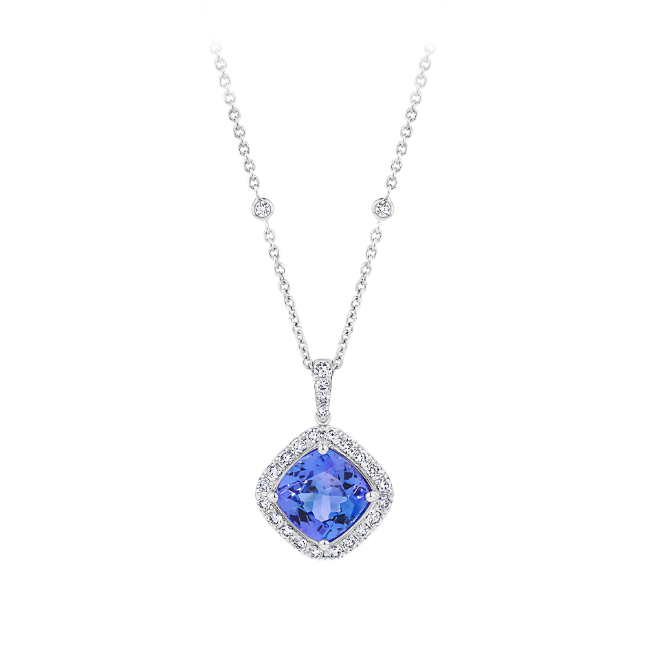 Tanzanite Cushion and Diamond Halo Pendant in 18ct White Gold