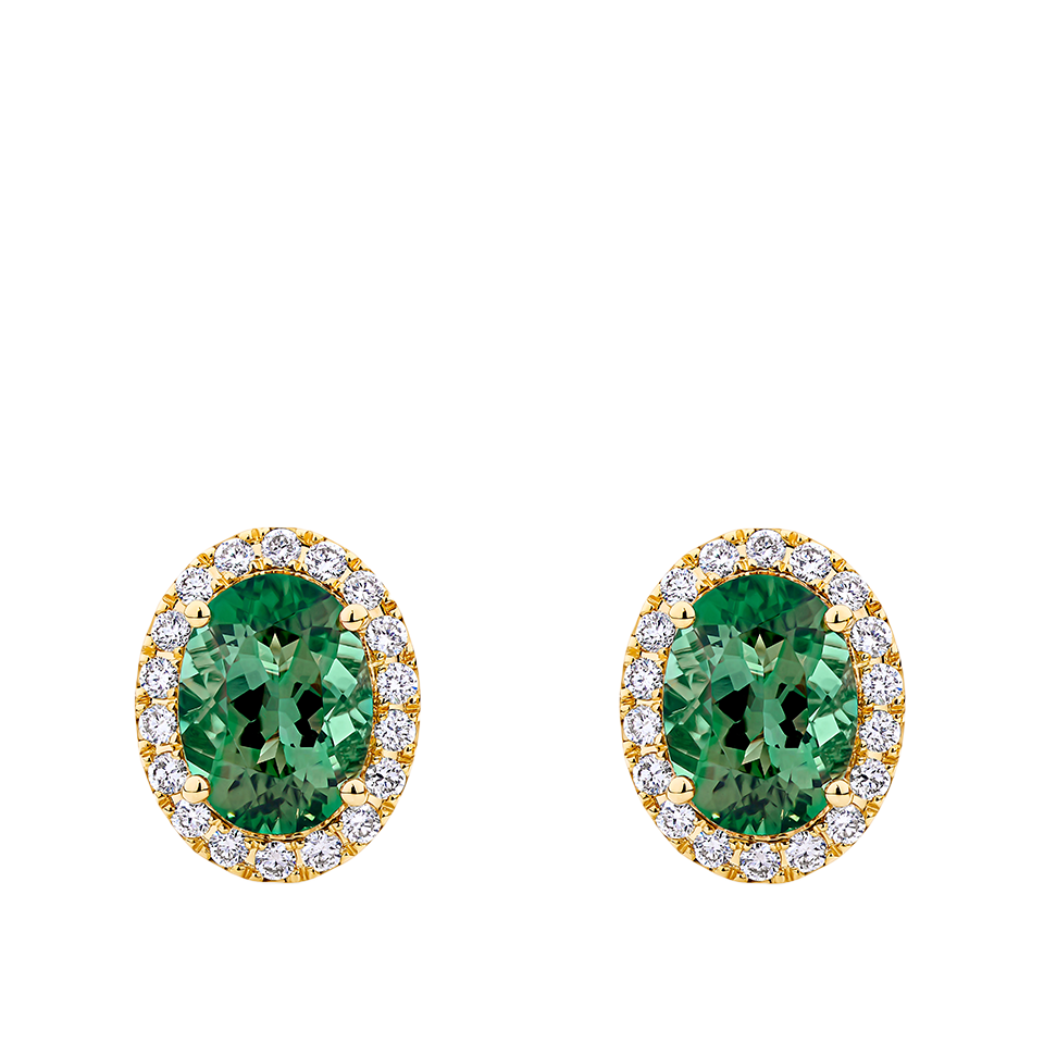 Green Tourmaline Oval and Diamond Halo Stud Earrings in 18ct Yellow Gold