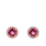 Pink Tourmaline Round and Diamond Halo Stud Earrings in 18ct Rose Gold