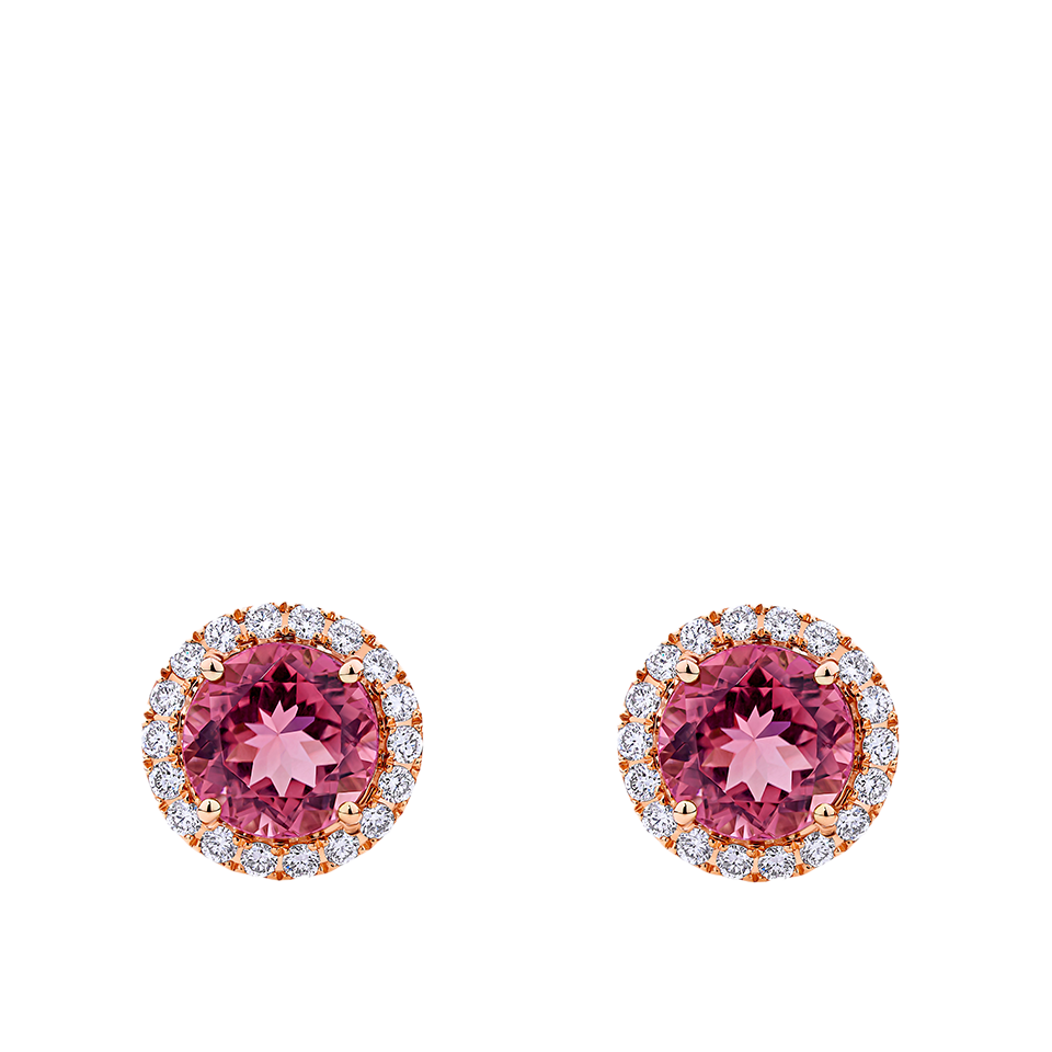 Pink Tourmaline Round and Diamond Halo Stud Earrings in 18ct Rose Gold