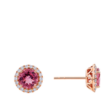 Pink Tourmaline Round and Diamond Halo Stud Earrings in 18ct Rose Gold
