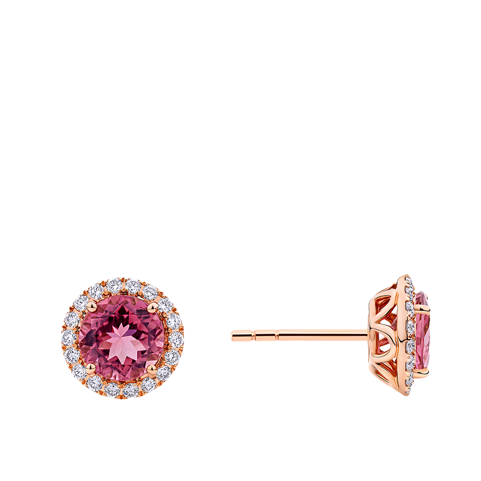 Pink Tourmaline Round and Diamond Halo Stud Earrings in 18ct Rose Gold