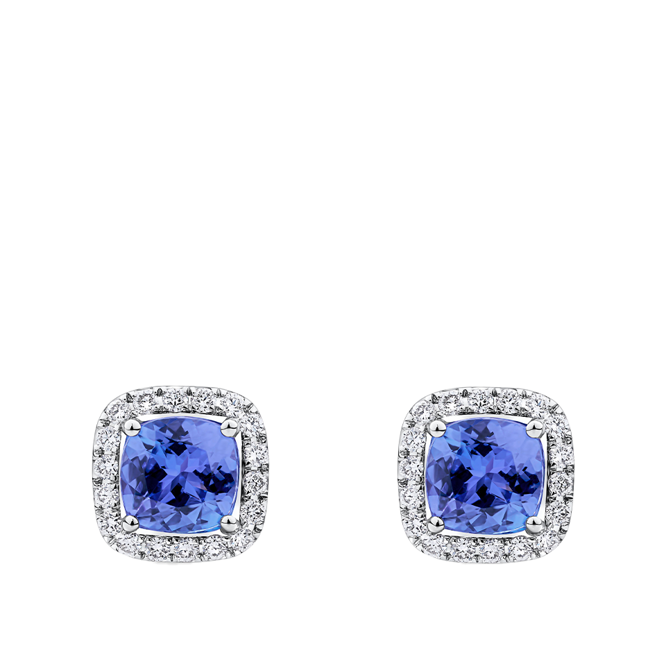 Tanzanite Cushion and Diamond Halo Stud Earrings in 18ct White Gold