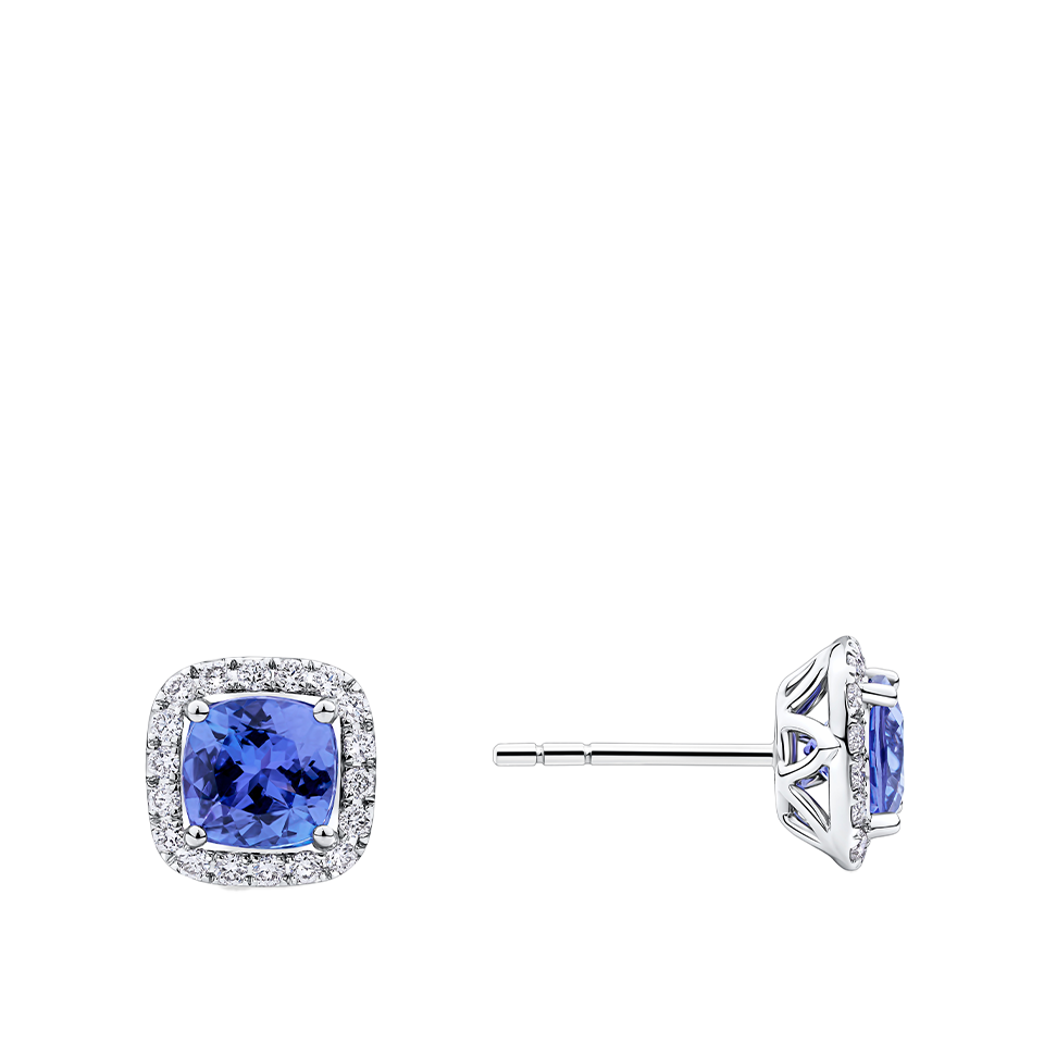 Tanzanite Cushion and Diamond Halo Stud Earrings in 18ct White Gold