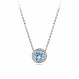 Aquamarine and Diamond Halo Pendant in 18ct white gold from Hardy Brothers Jewellers, shown front-on with its aquamarine centre and diamond halo.