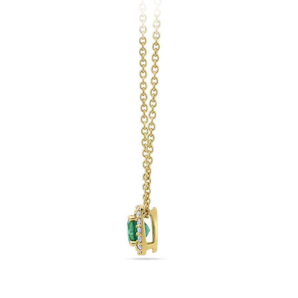 Emerald and Diamond Halo Pendant in 18ct Yellow Gold