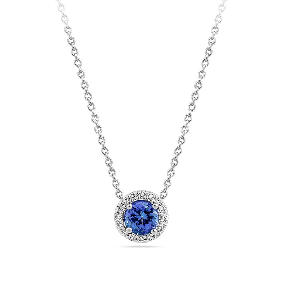 Sapphire and Diamond Halo Pendant in 18ct White Gold