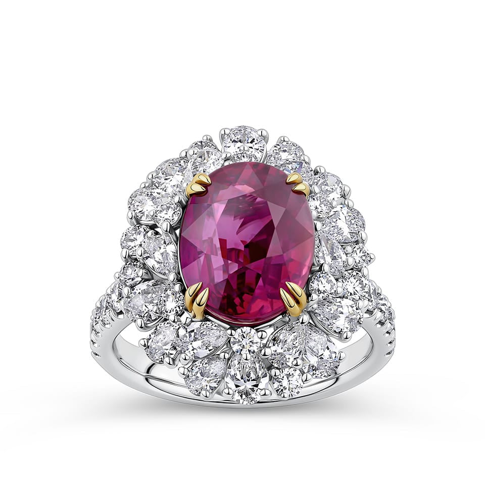 VAULT® 6.09 Carat TW Oval Cut Ruby and 2.44 Carat TW Diamond Halo Ring in 18ct Yellow and White Gold
