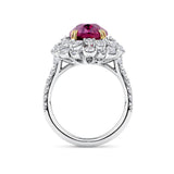 VAULT® 6.09 Carat TW Oval Cut Ruby and 2.44 Carat TW Diamond Halo Ring in 18ct Yellow and White Gold