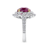 VAULT® 6.09 Carat TW Oval Cut Ruby and 2.44 Carat TW Diamond Halo Ring in 18ct Yellow and White Gold