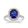 VAULT® Cushion Cut Sapphire and Diamond Halo Ring in 18ct white and rose gold from Hardy Brothers Jewellers, shown front-on with the 3.33 carat sapphire and diamond halo.