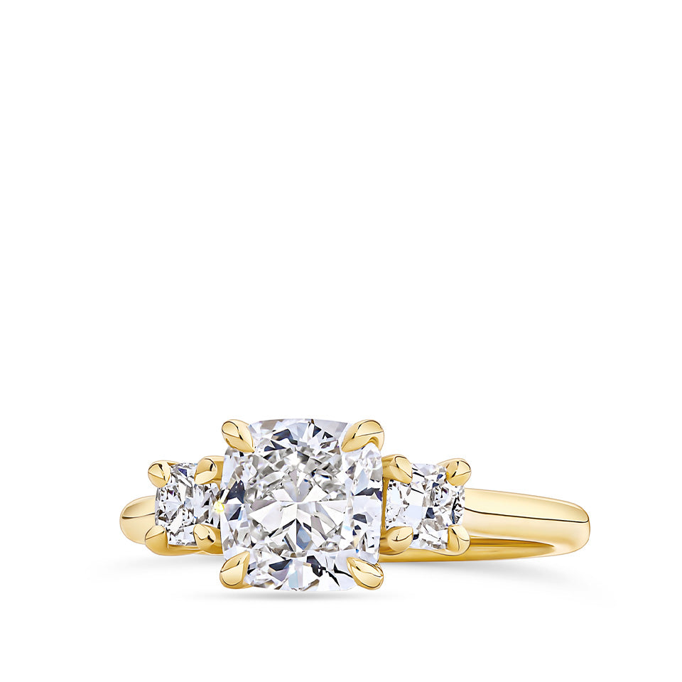 2.42 Carat TDW Cushion Cut Trilogy Engagement Ring in 18ct Yellow Gold