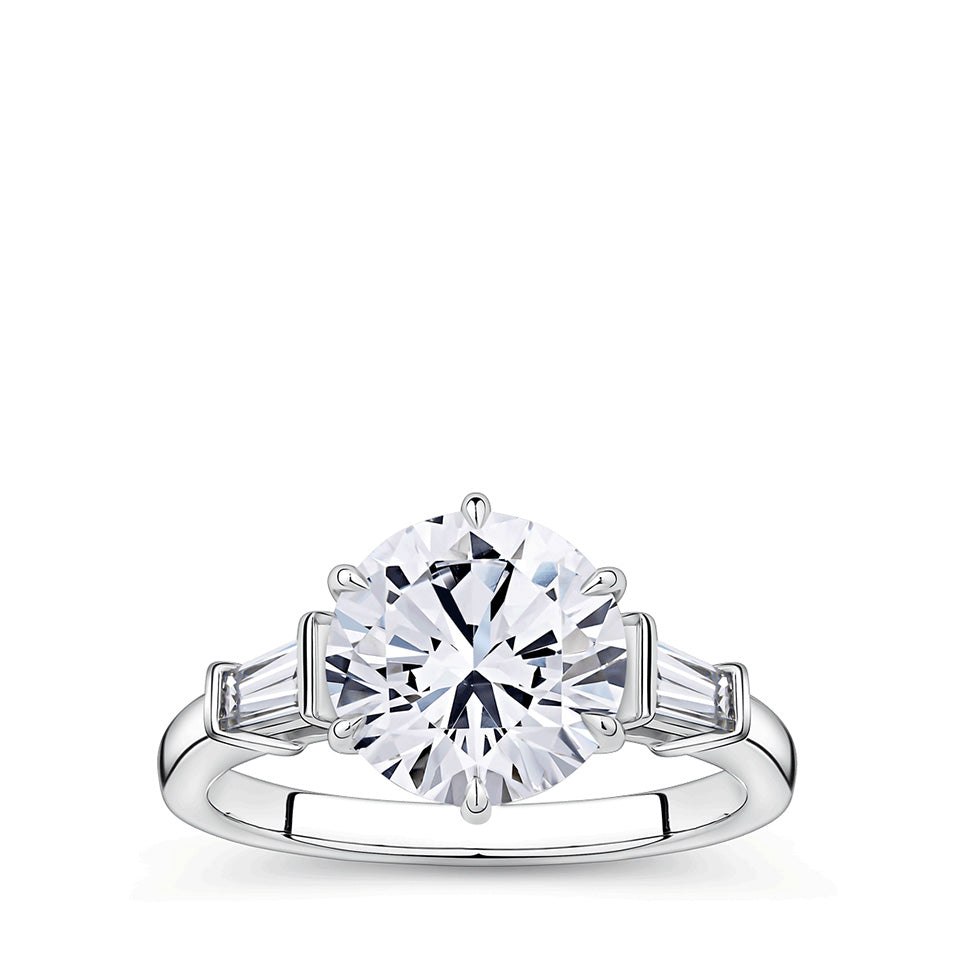 3.02 Carat Round Brilliant and Tapered Baguette Cut Trilogy Engagement Ring in 18ct White Gold