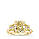 3.61 Carat Fancy Yellow Diamond Cushion Cut Trilogy Engagement Ring in 18ct Yellow Gold