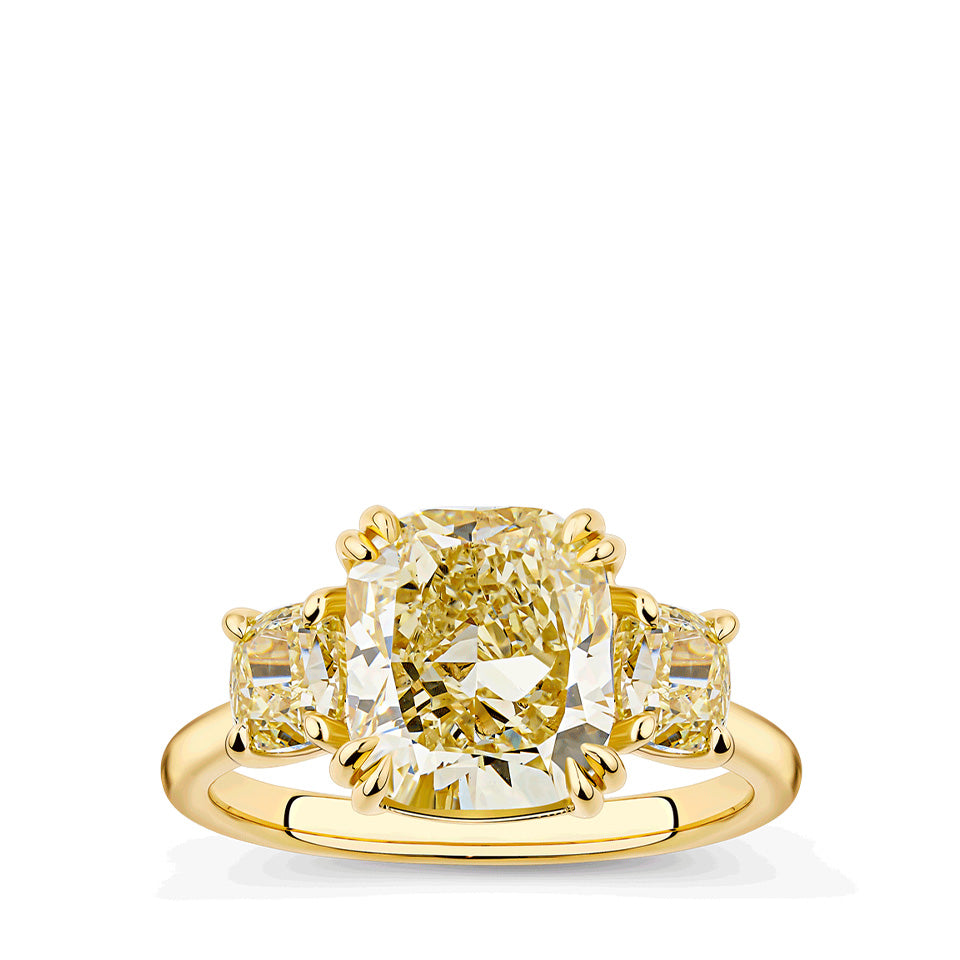 3.61 Carat Fancy Yellow Diamond Cushion Cut Trilogy Engagement Ring in 18ct Yellow Gold