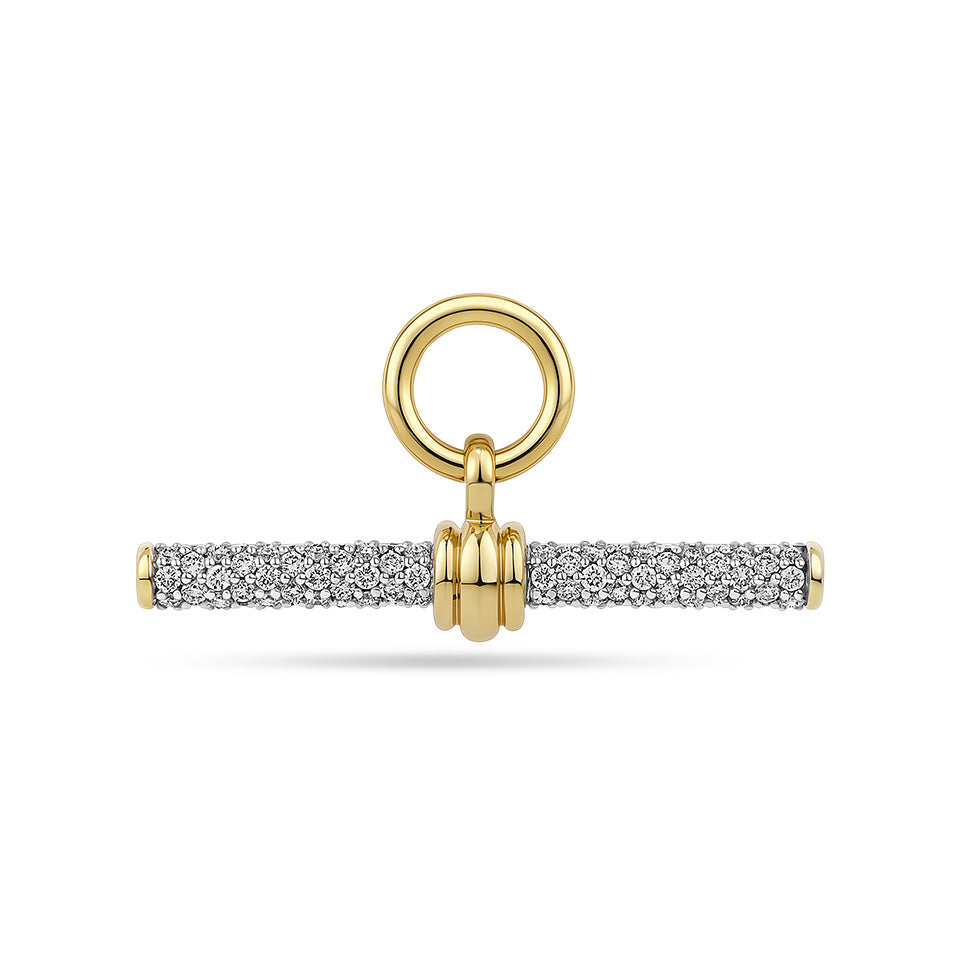 Front-on view of the Hardy Brothers 0.89 Carat TW Diamond T-Bar Pendant in 18ct Yellow Gold, reference 9NTBARB, measuring 32mm in length. The pendant features 116 pavé-set round brilliant natural diamonds across a classic T-bar design.