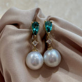 Tourmaline Diamond and South Sea PearlDrop Earrings in 18ct Yellow Gold