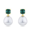 South Sea Pearl and Tourmaline Stud Earrings in 18ct yellow gold from Hardy Brothers Jewellers, shown front-on as a pair with a teal tourmaline stud and South Sea pearl drop on each earring.