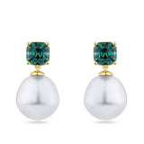 South Sea Pearl and Tourmaline Stud Earrings in 18ct yellow gold from Hardy Brothers Jewellers, shown front-on as a pair with a teal tourmaline stud and South Sea pearl drop on each earring.