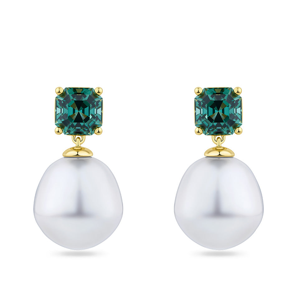 South Sea Pearl and Tourmaline Stud Earrings in 18ct yellow gold from Hardy Brothers Jewellers, shown front-on as a pair with a teal tourmaline stud and South Sea pearl drop on each earring.