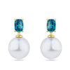 South Sea Pearl and Zircon Stud Earrings in 18ct yellow gold from Hardy Brothers Jewellers, shown front-on as a pair with a blue zircon stud and South Sea pearl drop on each earring.
