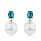 South Sea Pearl and Zircon Stud Earrings in 18ct yellow gold from Hardy Brothers Jewellers, shown front-on as a pair with a blue zircon stud and South Sea pearl drop on each earring.