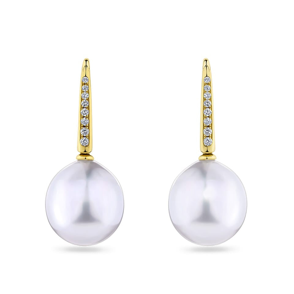 Diamond and Australian South Sea Pearl Drop Earrings in 18ct Yellow Gold