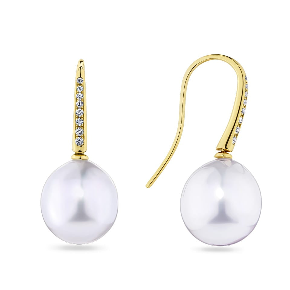 Diamond and Australian South Sea Pearl Drop Earrings in 18ct Yellow Gold
