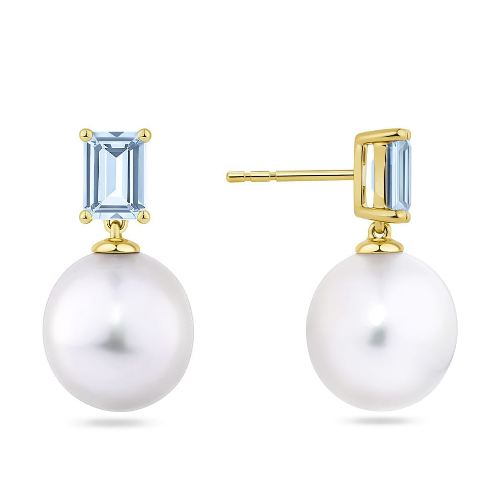 South Sea Pearl and Aquamarine Drop Earrings in 18ct Yellow Gold