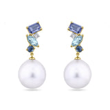 Elysian Tanzanite, Topaz, Sapphire and South Sea Pearl Drop Earrings in 18ct yellow gold from Hardy Brothers Jewellers, shown front-on as a pair with their cluster of coloured gemstones above a South Sea pearl drop.