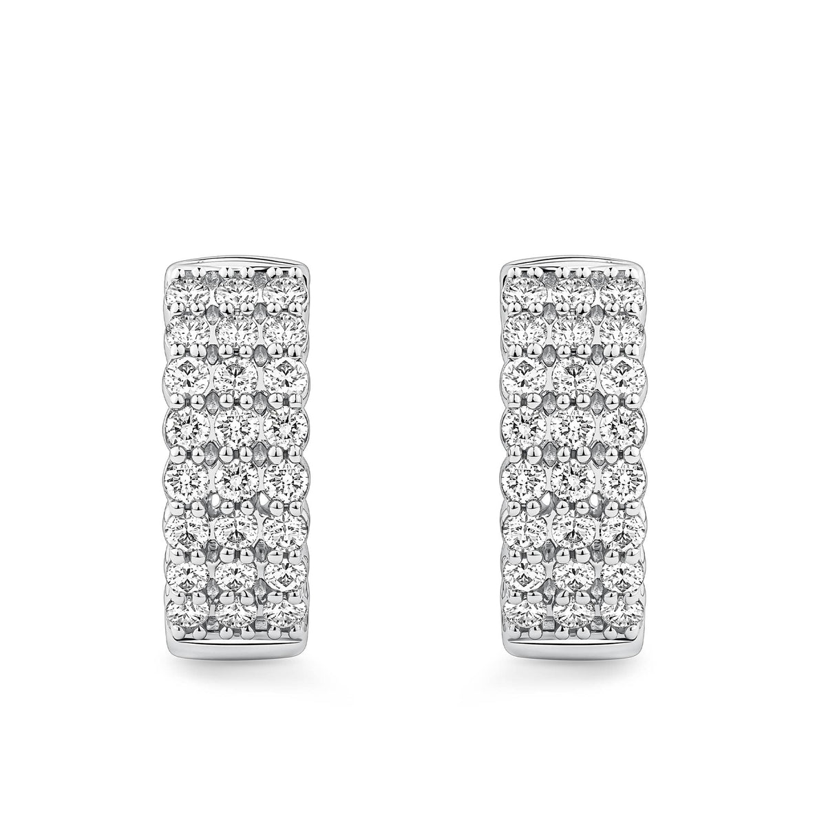 Quintessential 0.50 Carat TW Diamond Huggie Hoop Earrings in 18ct white gold from Hardy Brothers Jewellers, shown front-on as a pair with their three rows of round brilliant cut diamonds.