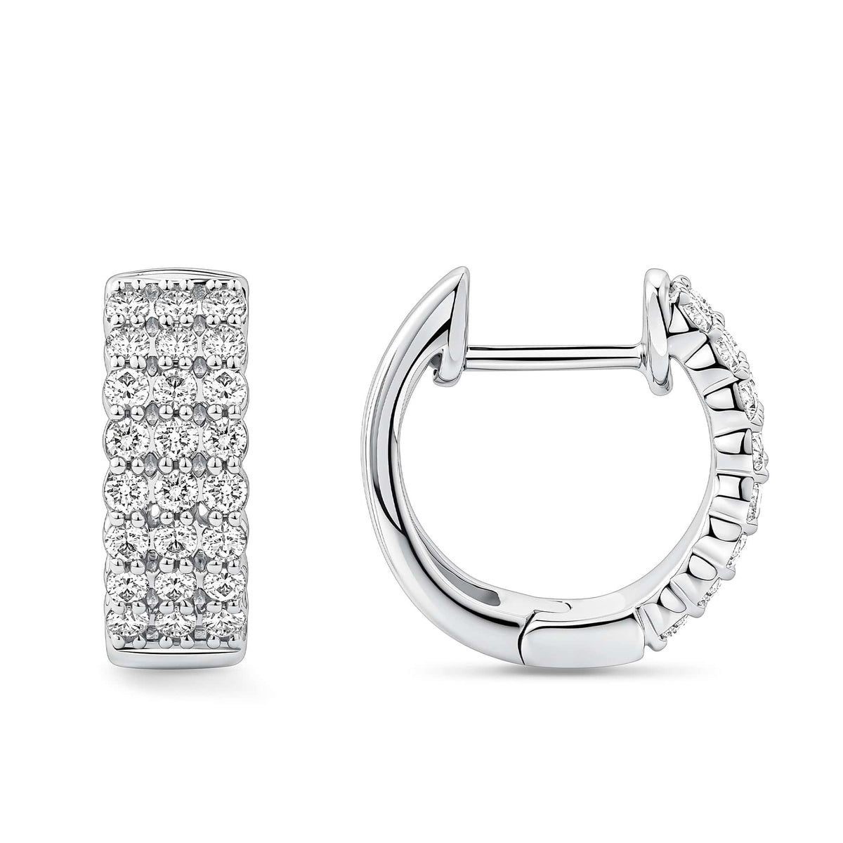 Quintessential Diamond Huggie Hoop Earrings in 18ct white gold by Hardy Brothers, one earring tilted to show the hoop shape and clip-in clasp.