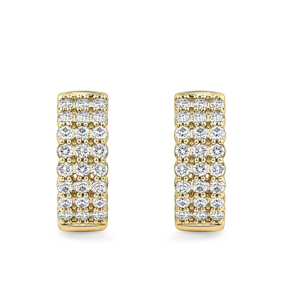 Quintessential 0.50 Carat TW Diamond Huggie Hoop Earrings in 18ct yellow gold from Hardy Brothers Jewellers, shown front-on as a pair with their three rows of round brilliant cut diamonds.