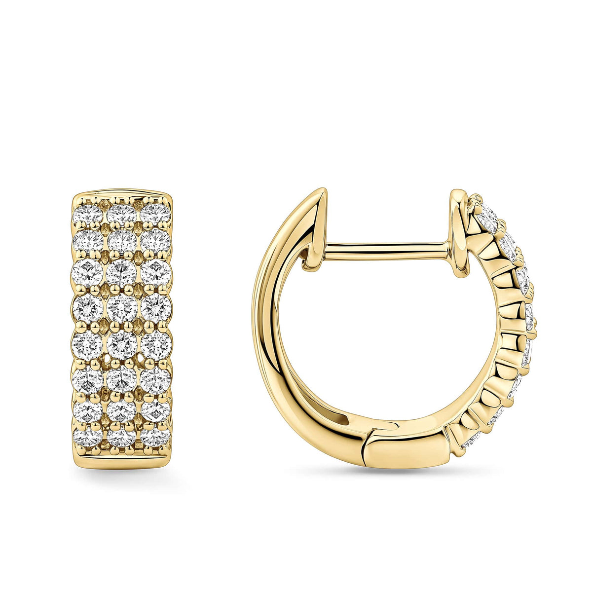 Quintessential Diamond Huggie Hoop Earrings in 18ct yellow gold by Hardy Brothers, one earring tilted to show the hoop shape and clip-in clasp.