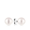Akoya Pearl Stud Earrings in 18ct white gold from Hardy Brothers, shown front-on as a pair with their round white Akoya pearls.