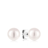 Akoya Pearl Stud Earrings in 18ct white gold from Hardy Brothers, shown front-on as a pair with their round white Akoya pearls.