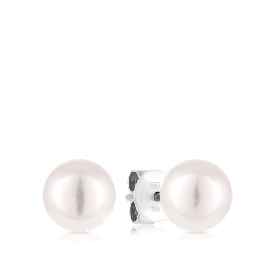 Akoya Pearl Stud Earrings in 18ct white gold from Hardy Brothers, shown front-on as a pair with their round white Akoya pearls.