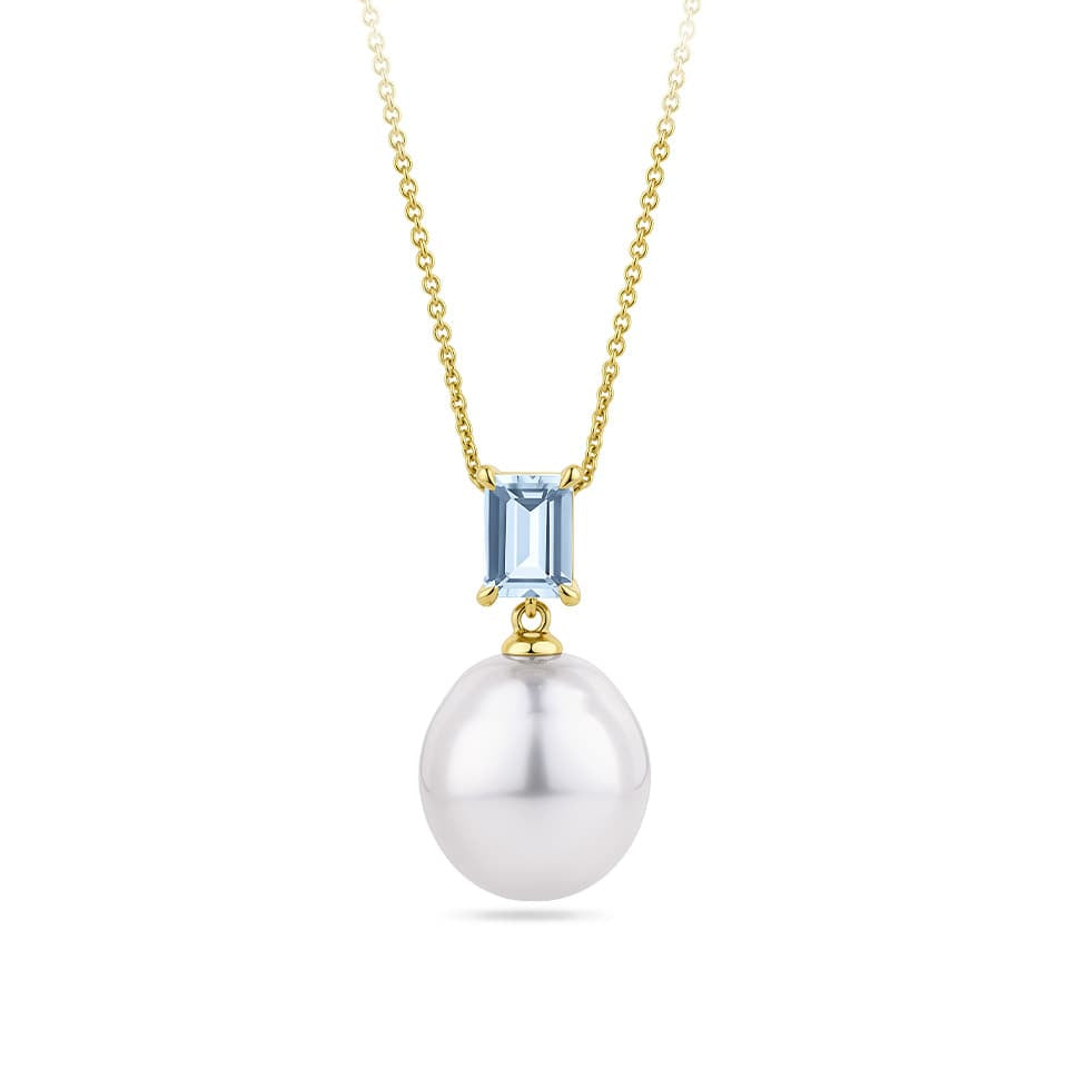 South Sea Pearl and Aquamarine Drop Pendant in 18ct Yellow Gold