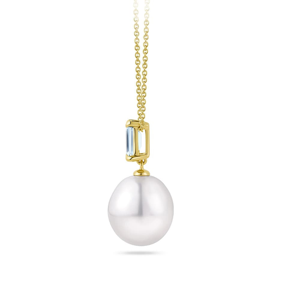 South Sea Pearl and Aquamarine Drop Pendant in 18ct Yellow Gold